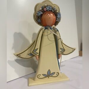Handcrafted Cream and Blue Wooden Angel Figurine
